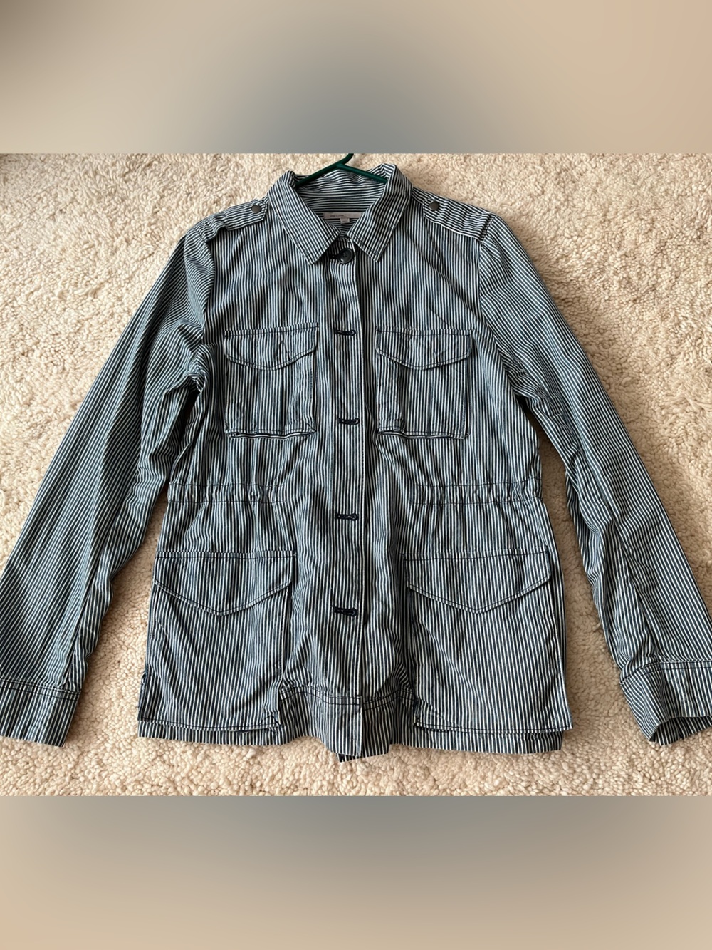 GAP Navy & White Striped Button-Front Utility Jacket Drawstring Taped Seams Sz L